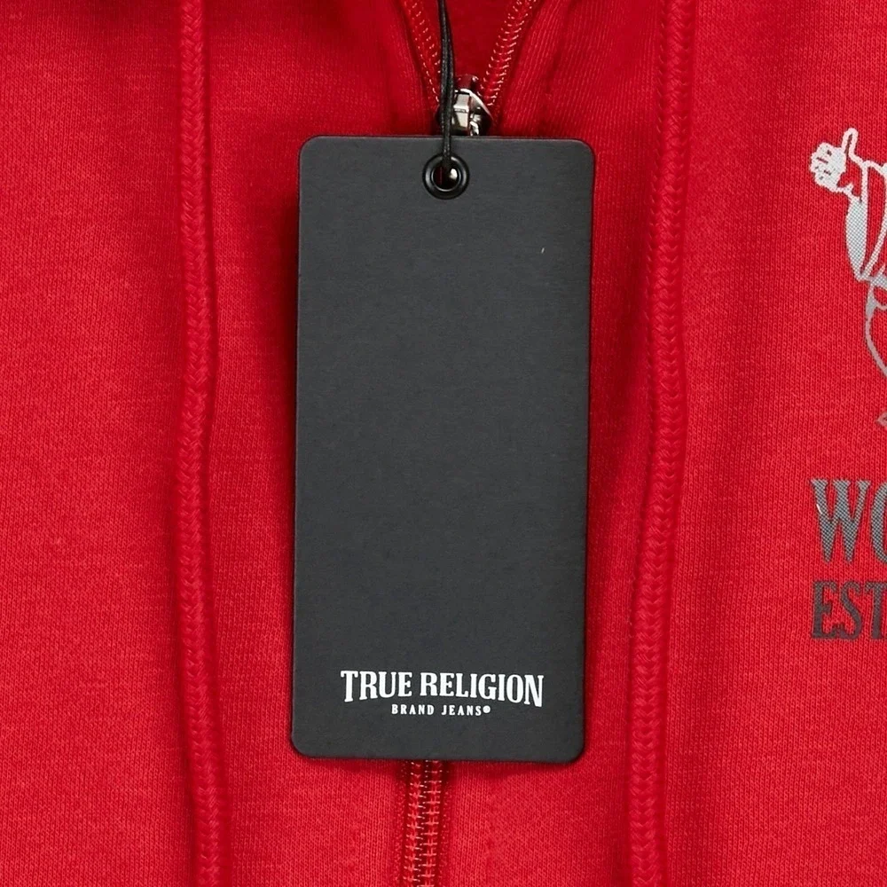 True Religion Mens Red World Tour Established 2002 Graphic Zip Hoodie Size L